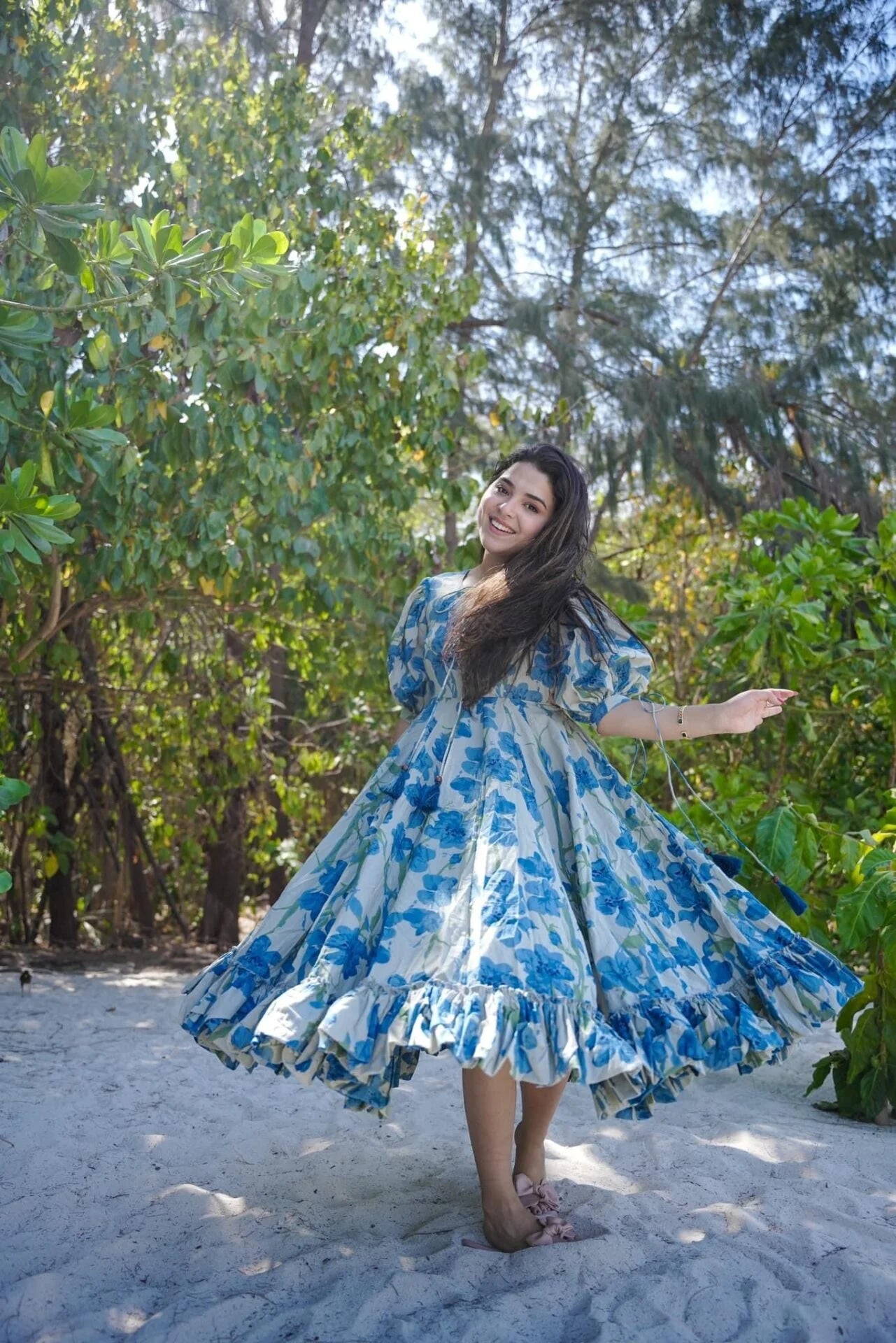 Blue Floral Puff-Sleeve A-Line Midi Dress