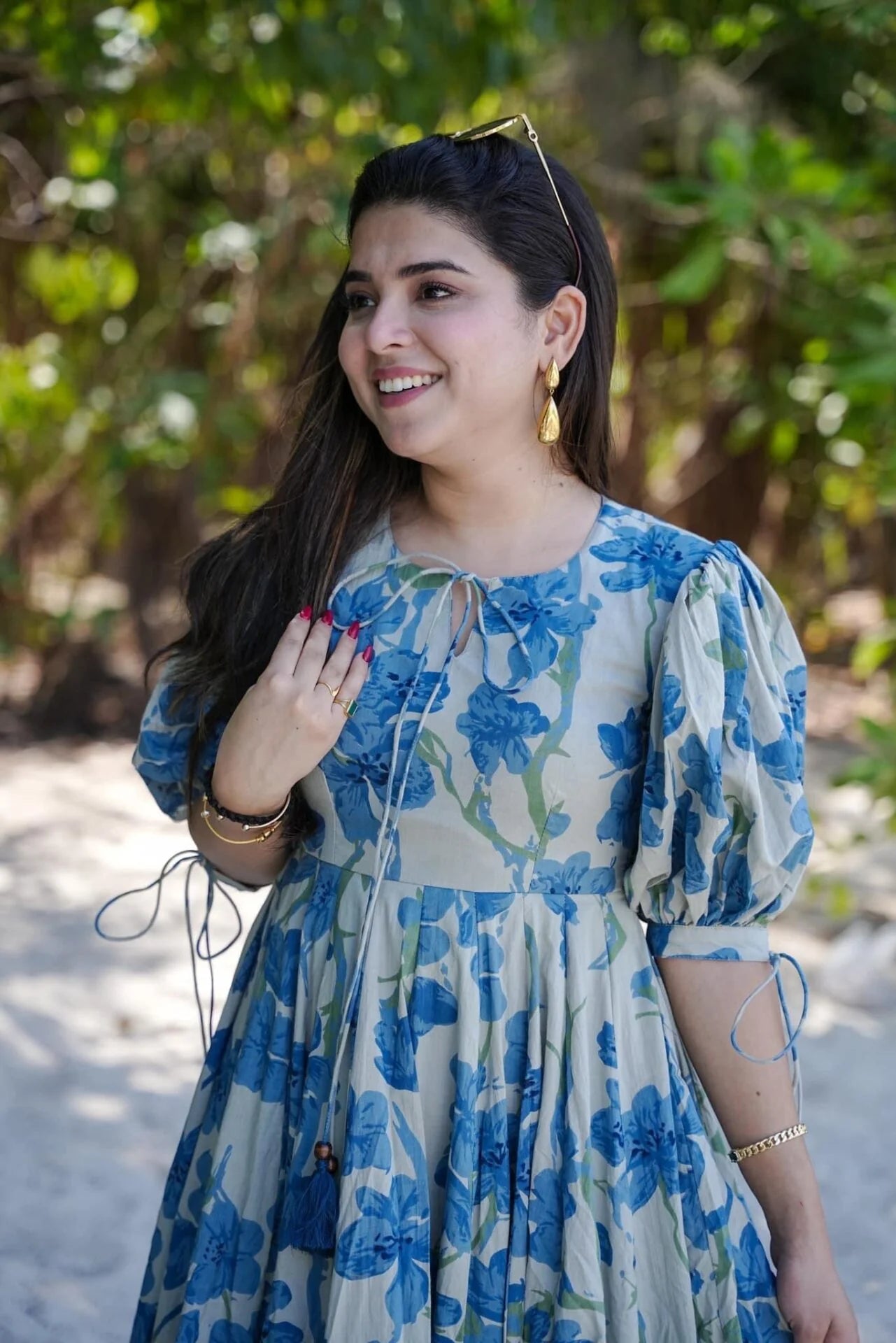 Blue Floral Puff-Sleeve A-Line Midi Dress