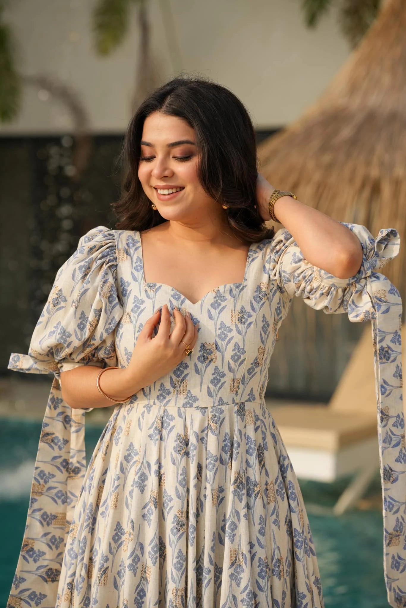 Soft Ivory Blue Leaf-Print Puff Sleeve Maxi Dress