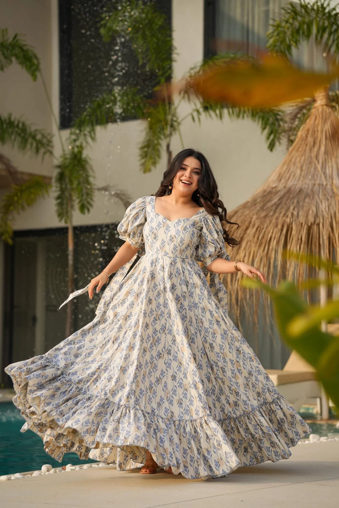 Soft Ivory Blue Leaf-Print Puff Sleeve Maxi Dress