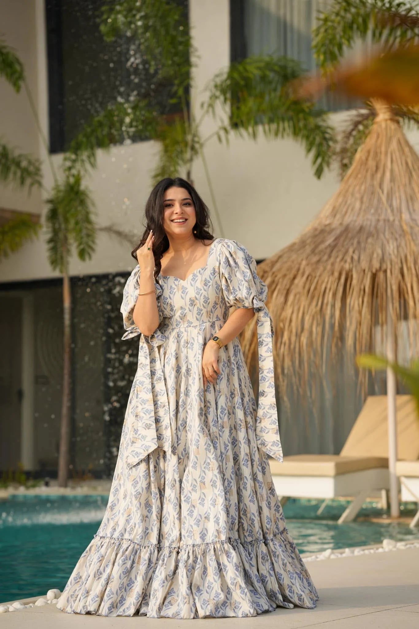 Soft Ivory Blue Leaf-Print Puff Sleeve Maxi Dress