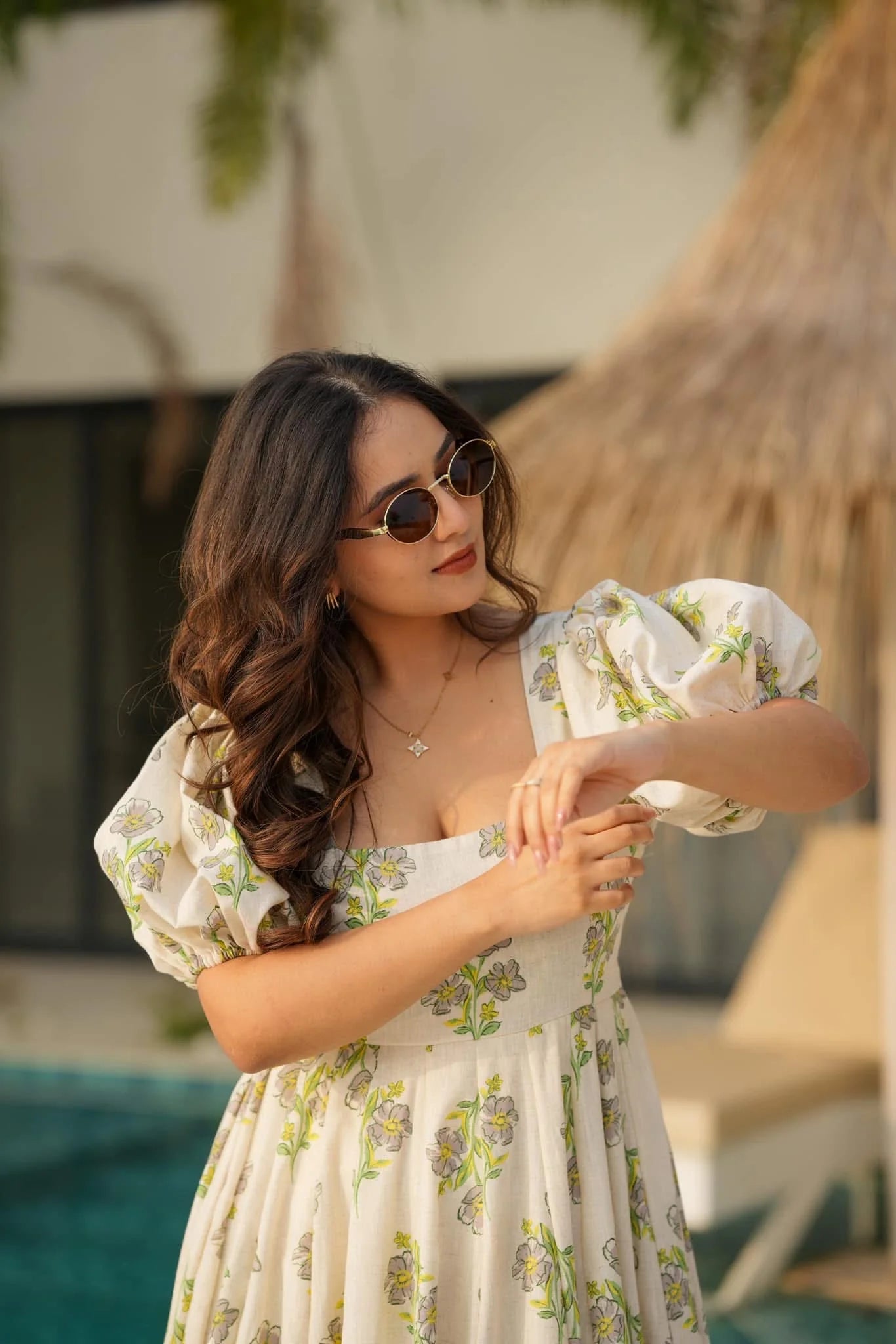 Handblock Floral Puff-Sleeve Cotton Maxi Dress