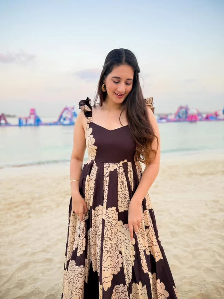 Vintage Bloom Chocolate Beige Flared Maxi Dress