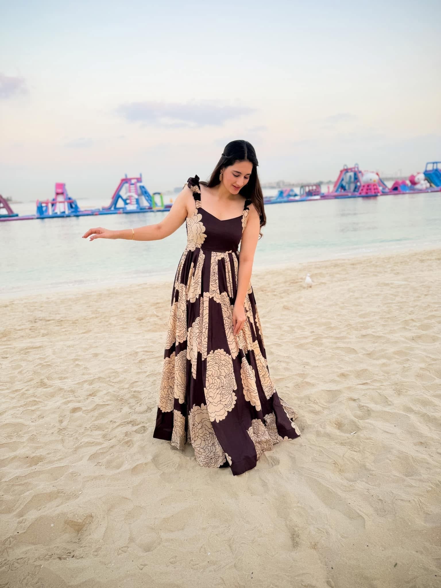 Vintage Bloom Chocolate Beige Flared Maxi Dress