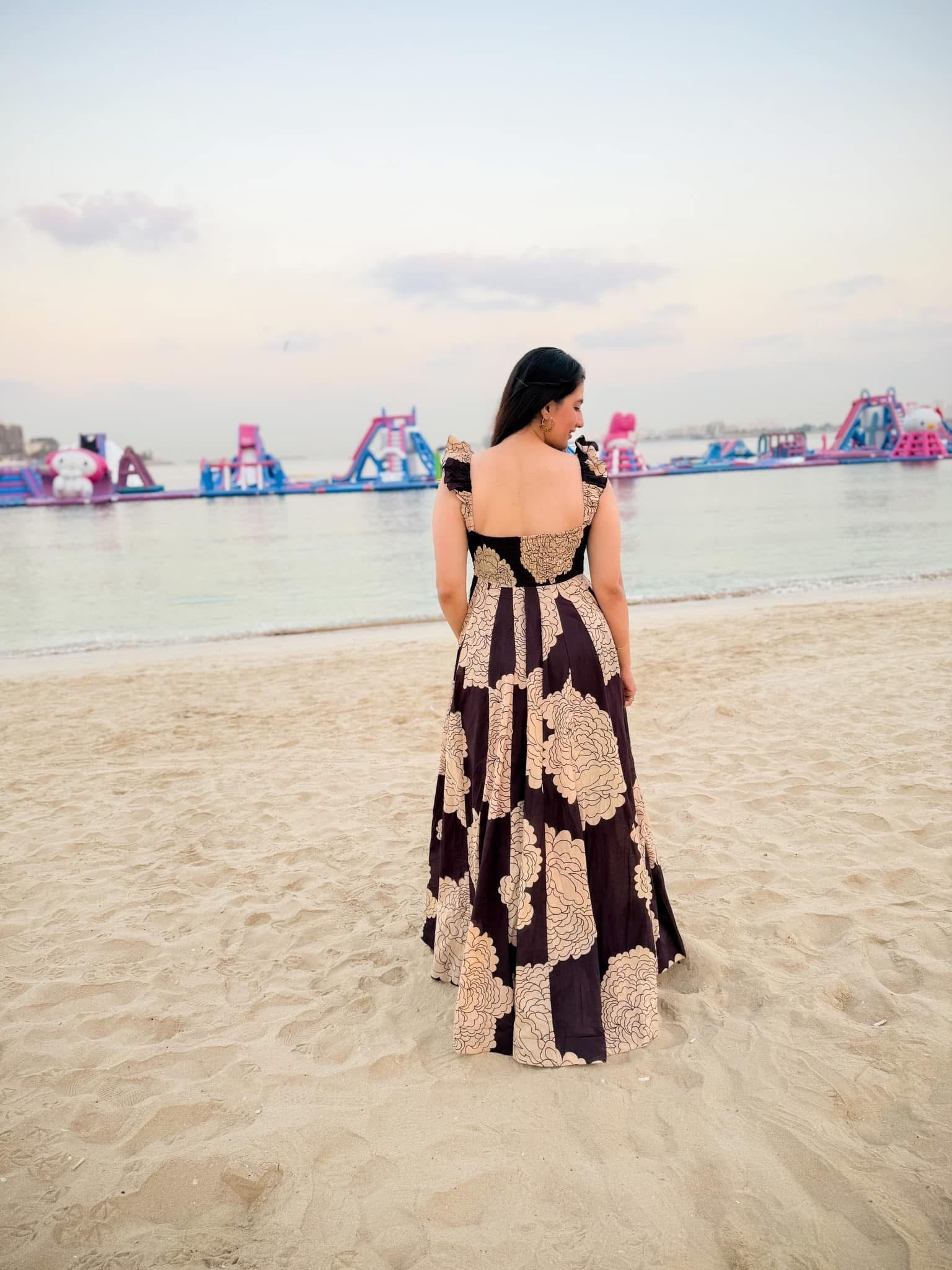 Vintage Bloom Chocolate Beige Flared Maxi Dress