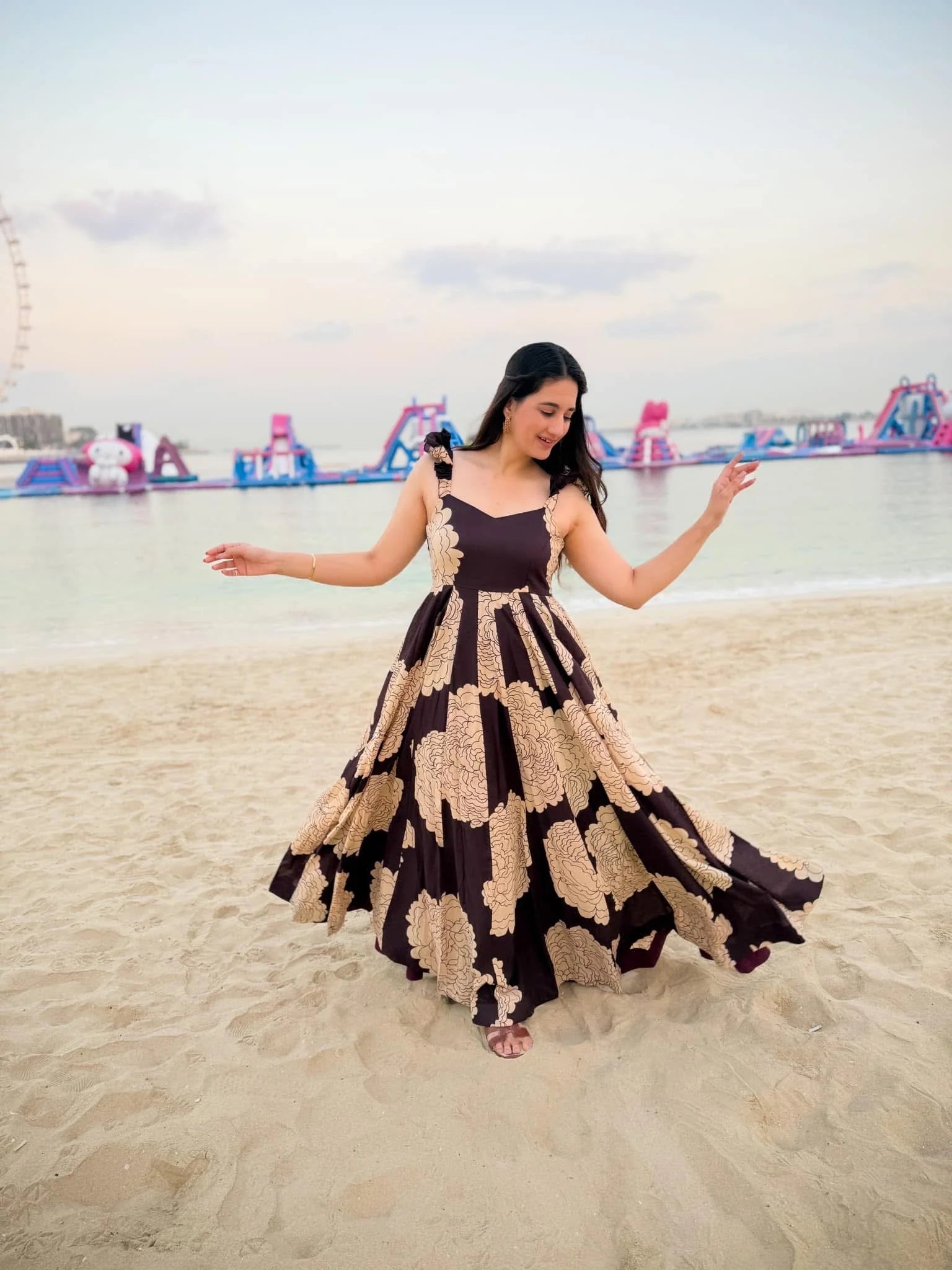 Vintage Bloom Chocolate Beige Flared Maxi Dress