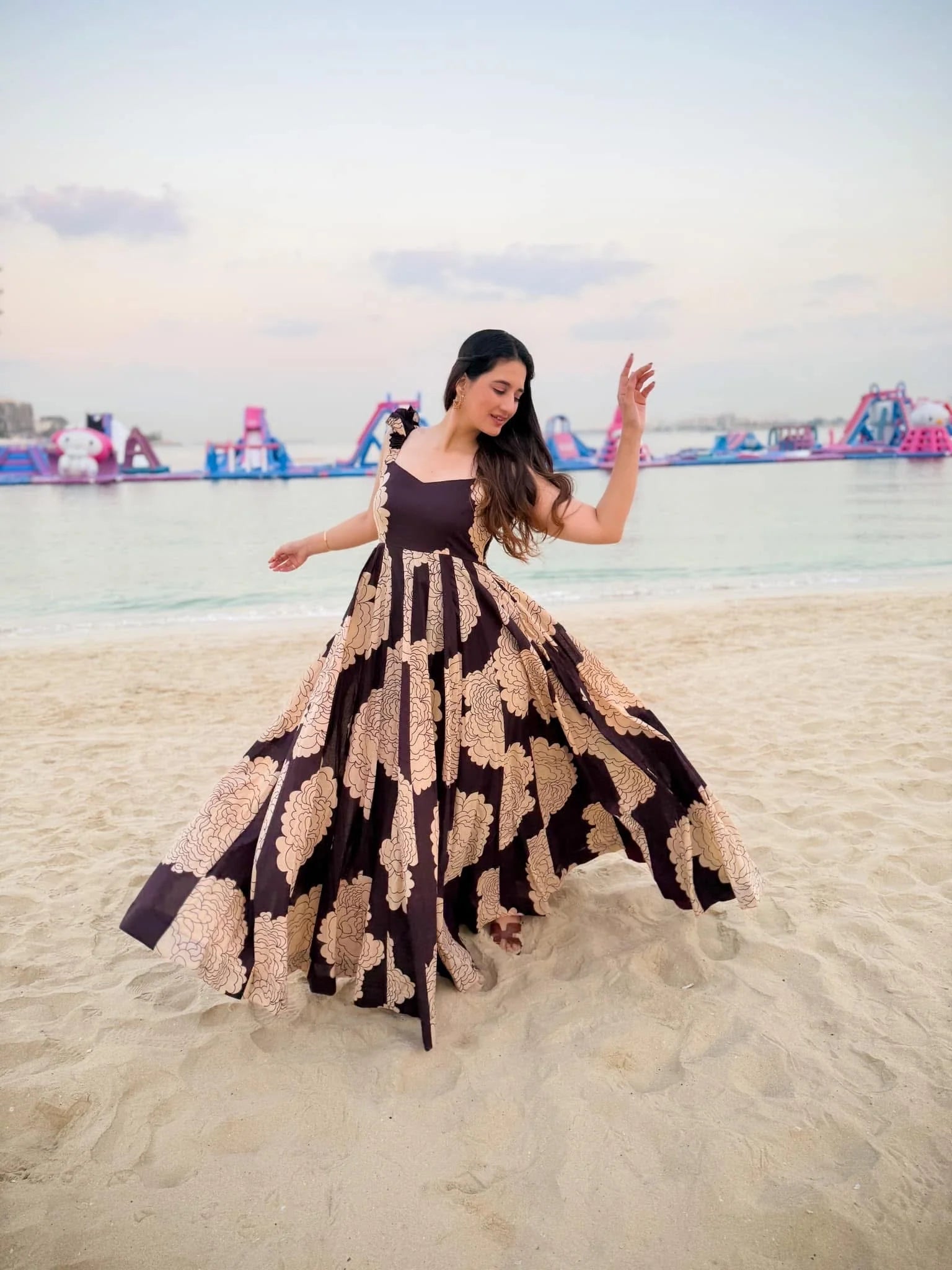 Vintage Bloom Chocolate Beige Flared Maxi Dress