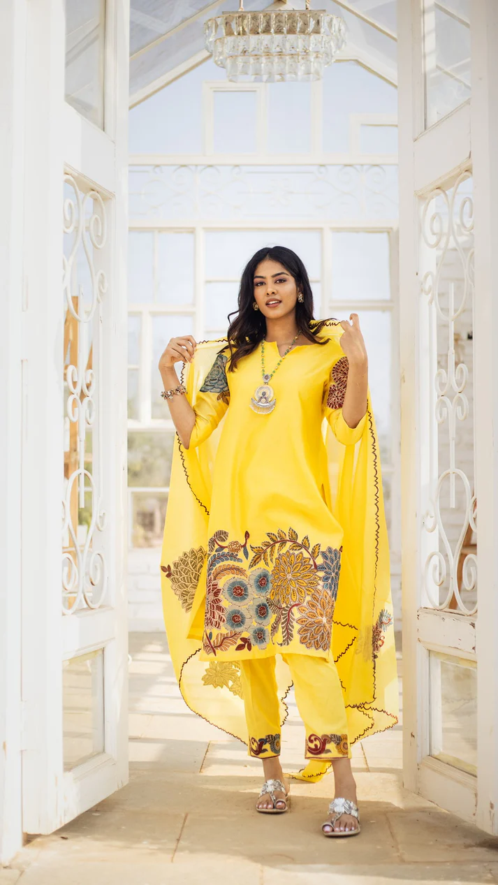 Yellow Kalamkari Cotton Kurta Set Floral Design with Coordinated Dupatta