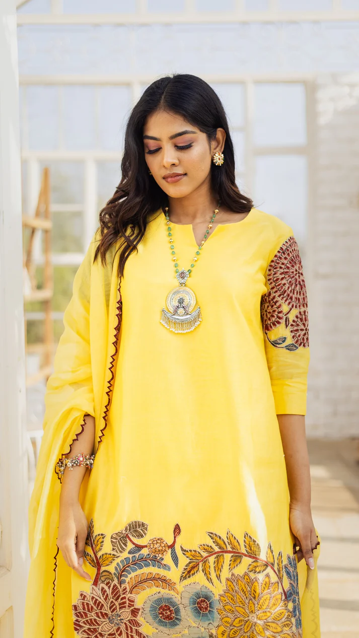 Yellow Kalamkari Cotton Kurta Set Floral Design with Coordinated Dupatta