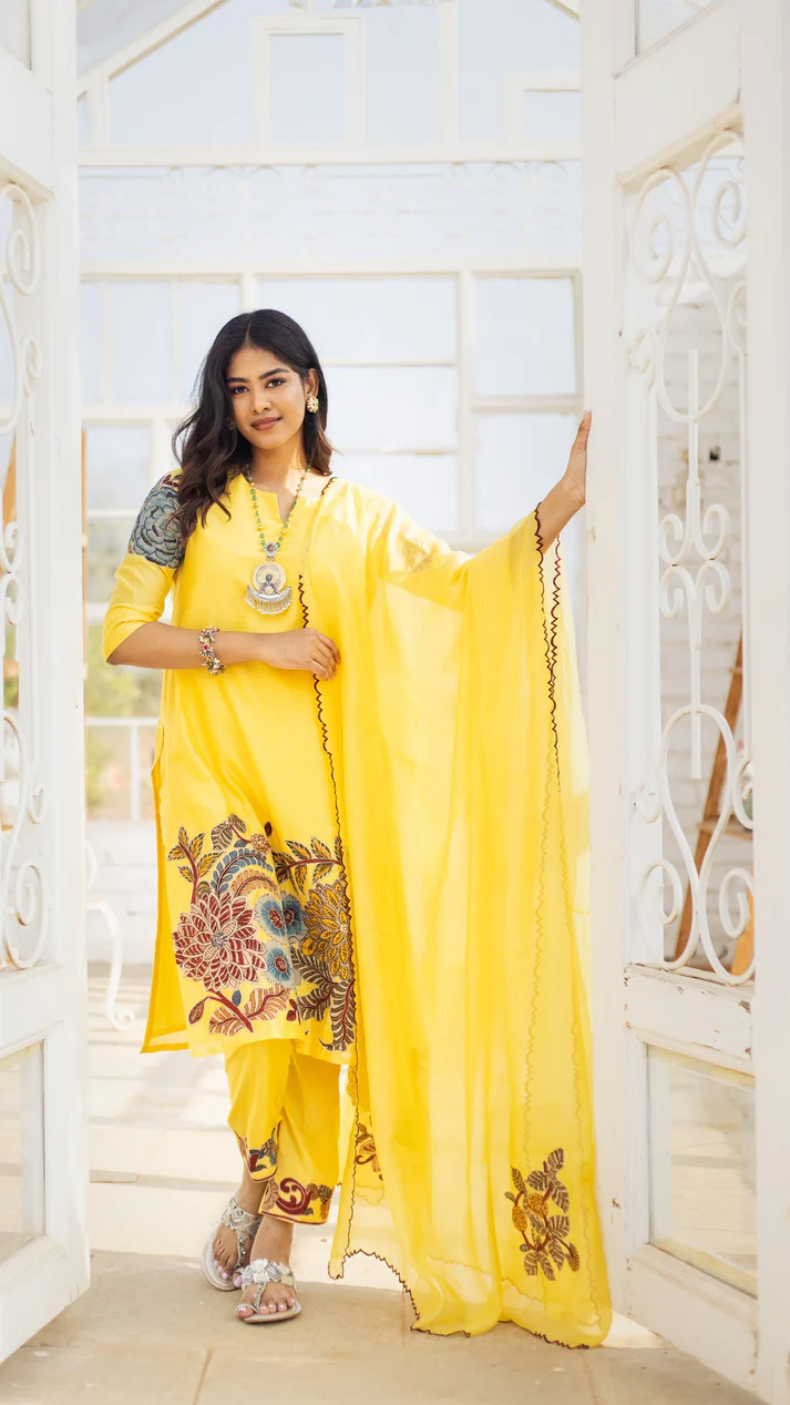Yellow Kalamkari Cotton Kurta Set Floral Design with Coordinated Dupatta