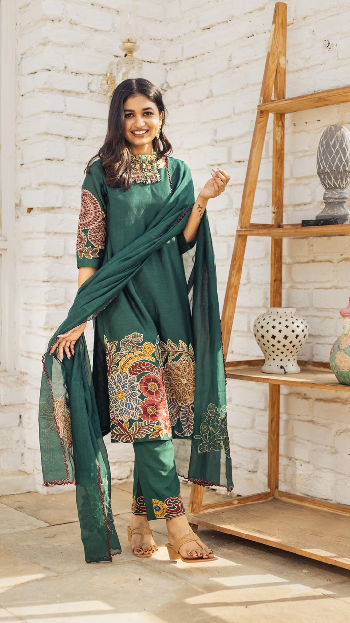 Emerald Green Floral Printed Cotton Suit Set