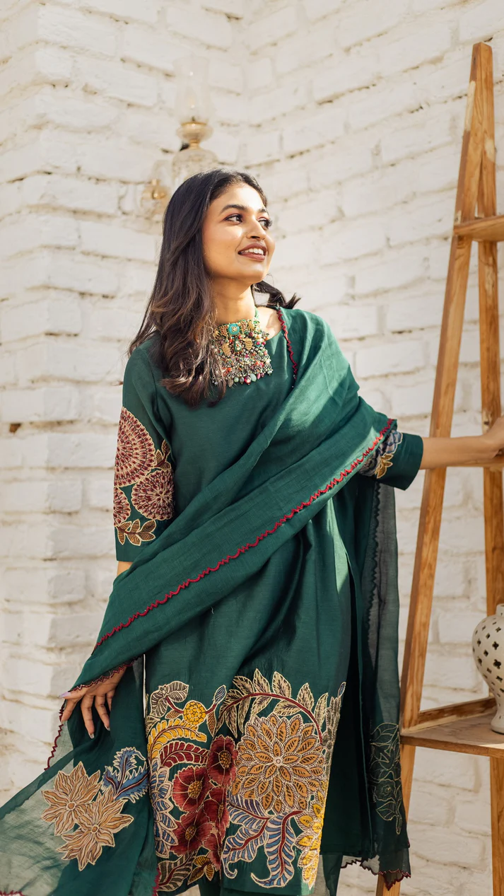 Emerald Green Floral Printed Cotton Suit Set