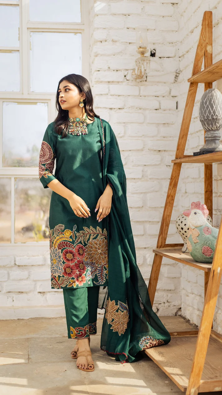 Emerald Green Floral Printed Cotton Suit Set