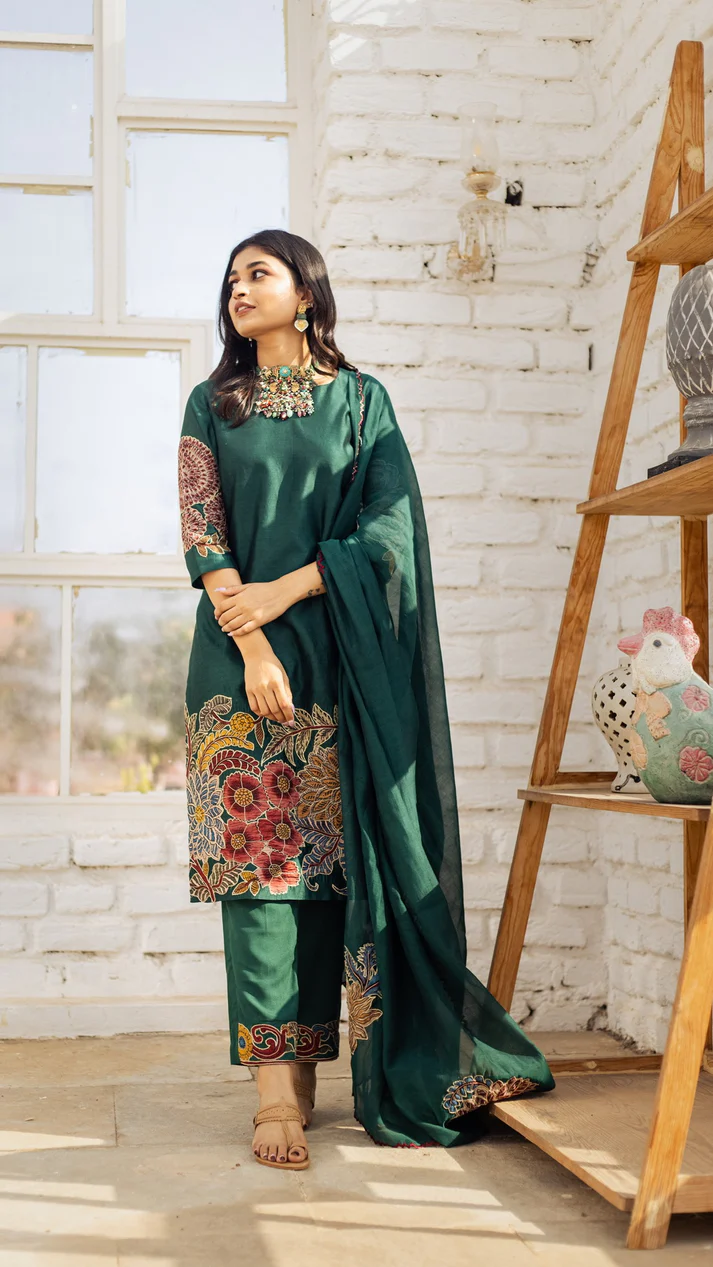 Emerald Green Floral Printed Cotton Suit Set