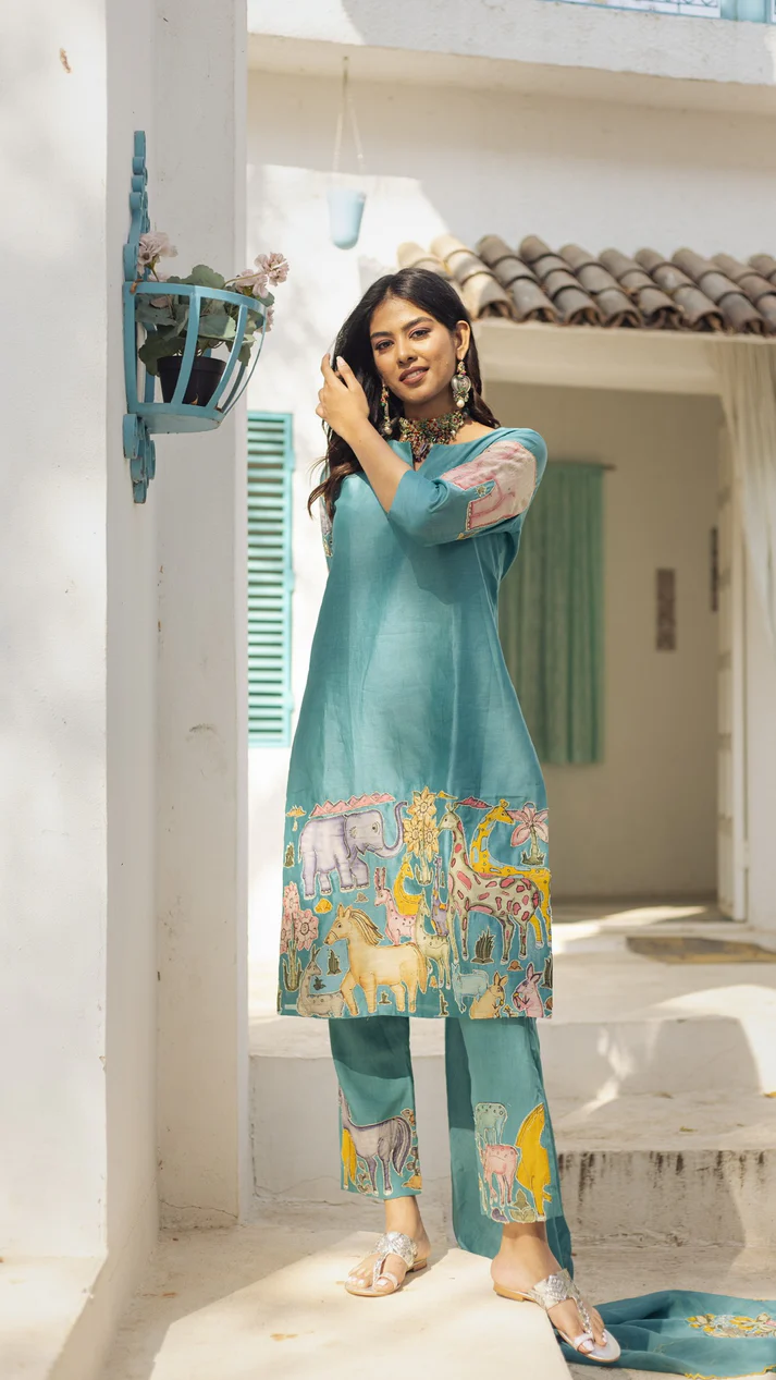 Lime Green Kurta Set with Ethnic Jungle Print