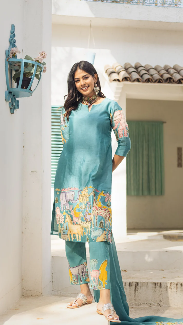 Lime Green Kurta Set with Ethnic Jungle Print