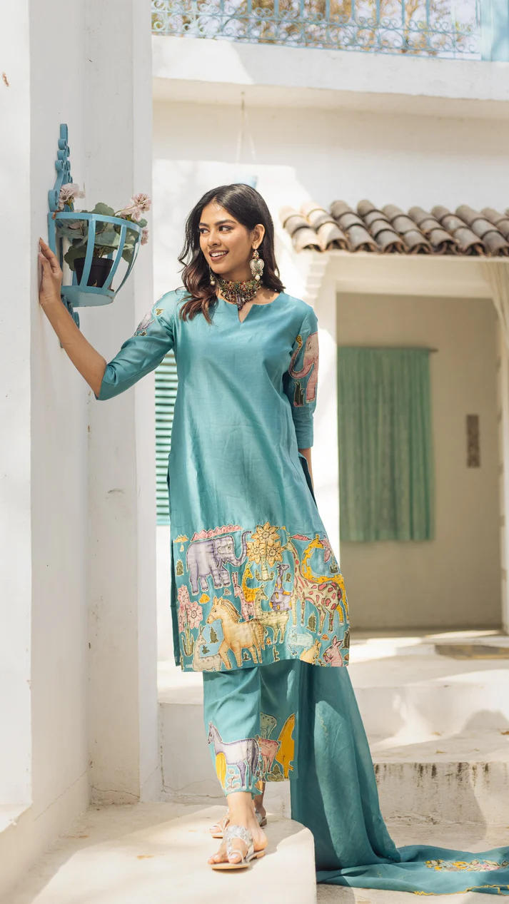 Lime Green Kurta Set with Ethnic Jungle Print