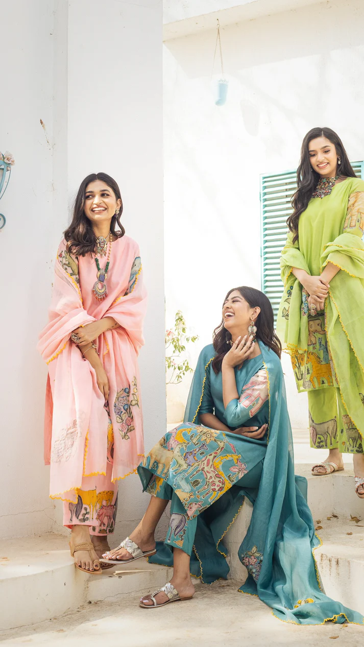 Lime Green Kurta Set with Ethnic Jungle Print