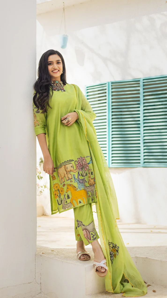 Lime Green Kurta Set with Tribal Animal Motif Print