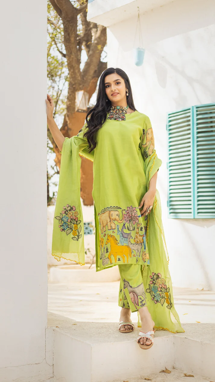 Lime Green Kurta Set with Tribal Animal Motif Print