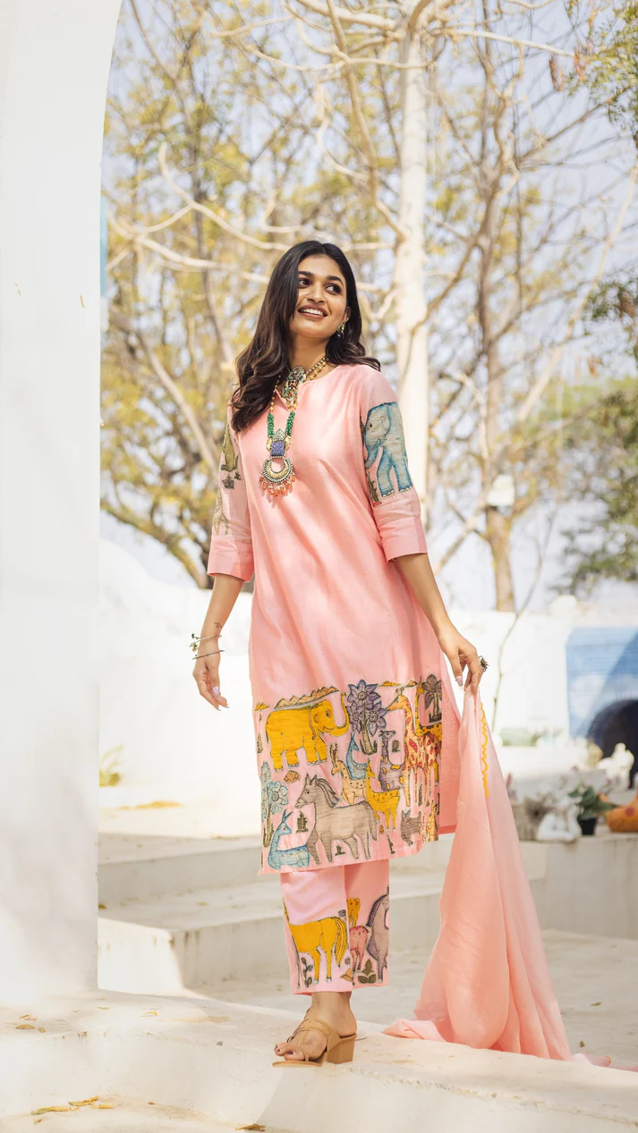 Kalamkari Cotton Kurta Set  Animals Design with Coordinated Dupatta