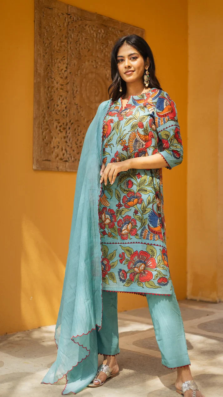 Aqua Blue Kurta Set with Hand-Painted Floral & Bird Print