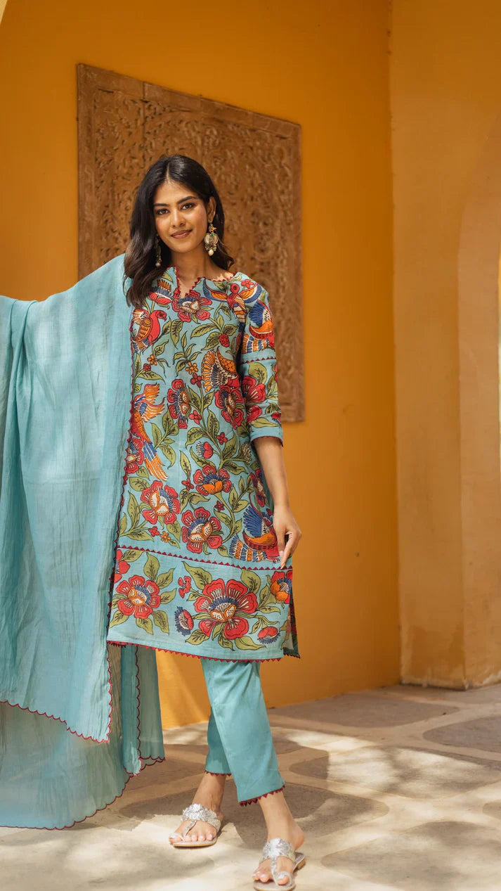 Aqua Blue Kurta Set with Hand-Painted Floral & Bird Print