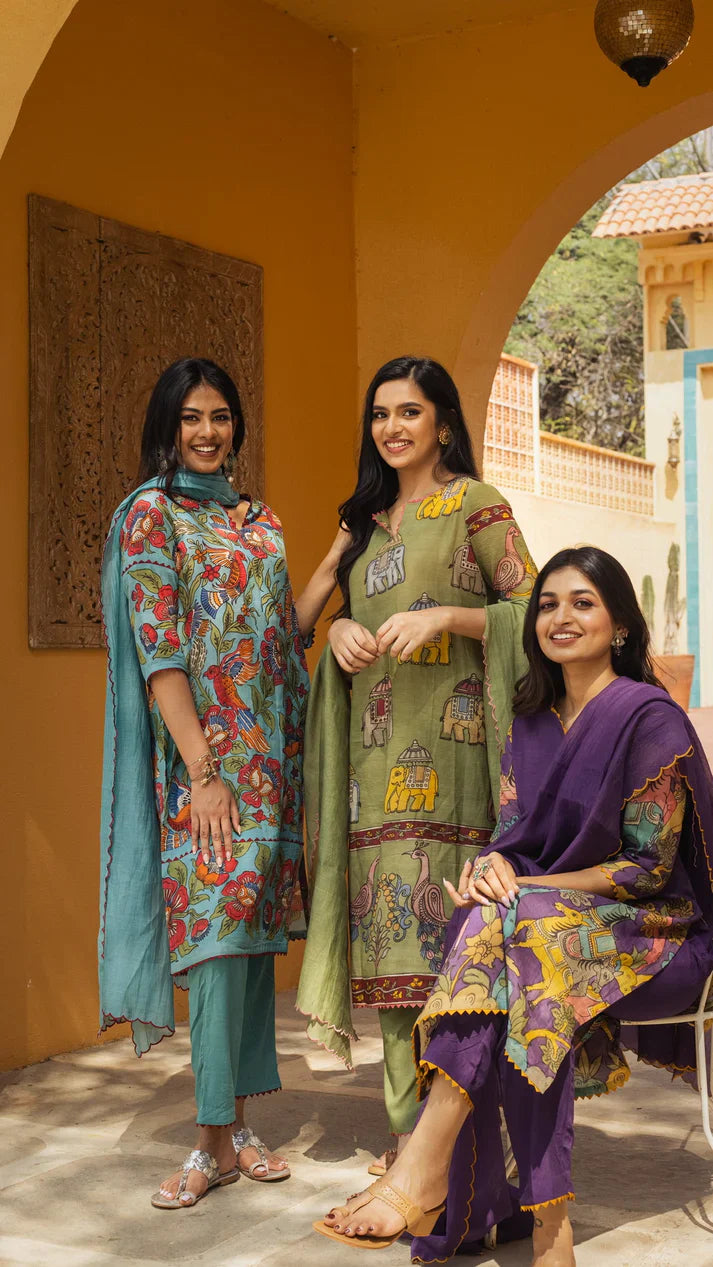 Aqua Blue Kurta Set with Hand-Painted Floral & Bird Print