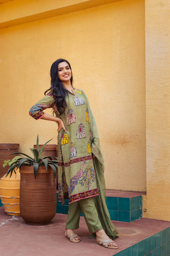 Olive Green Chinon Kurta Set with Elephant & Peacock Print
