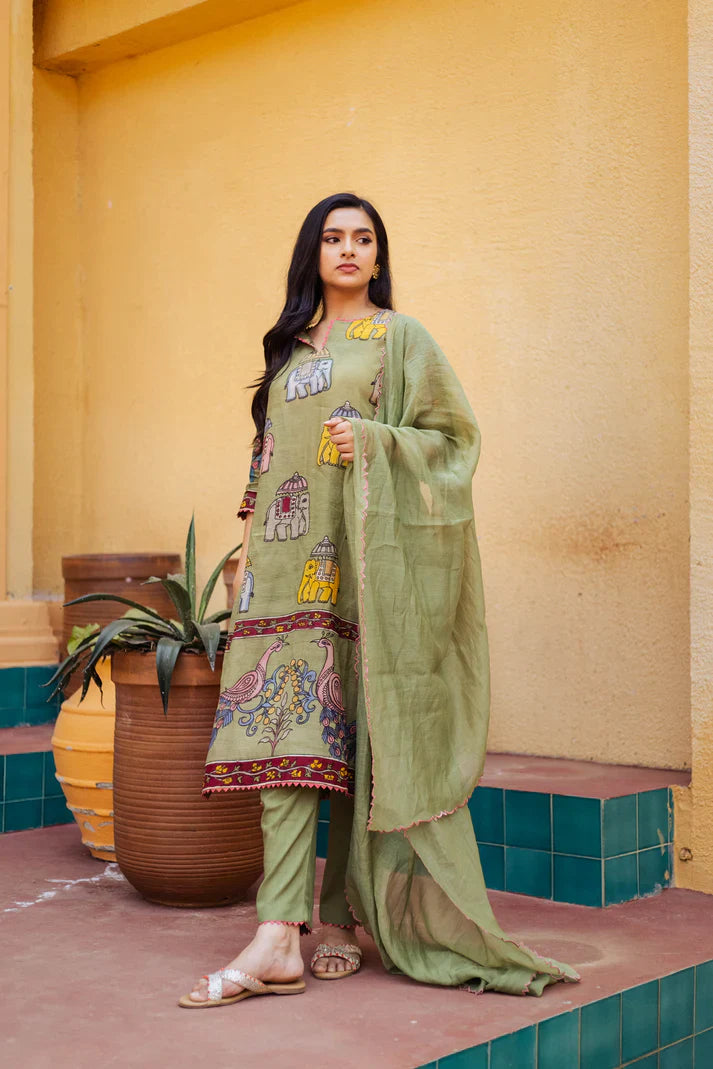 Olive Green Chinon Kurta Set with Elephant & Peacock Print