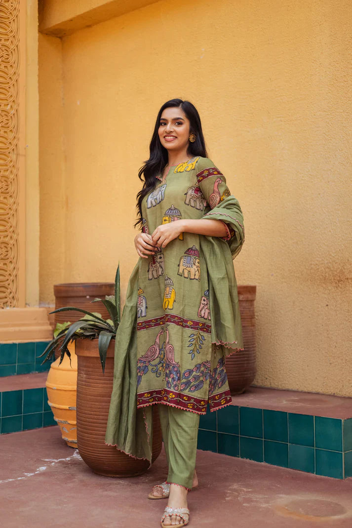 Olive Green Chinon Kurta Set with Elephant & Peacock Print