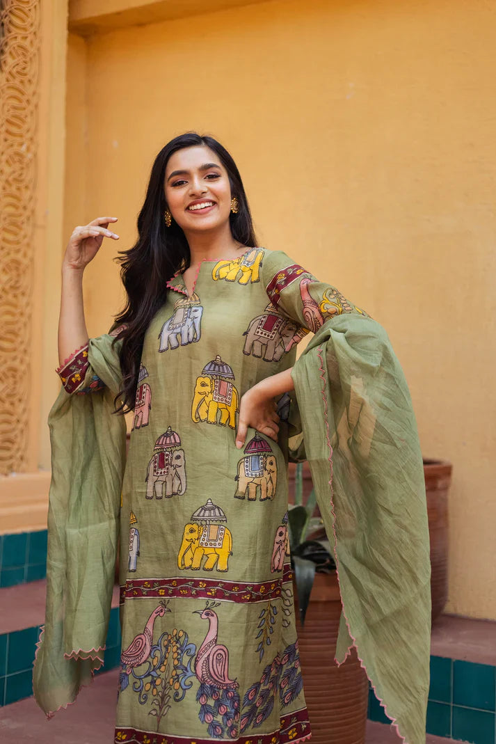 Olive Green Chinon Kurta Set with Elephant & Peacock Print