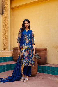 Kalamkari Cotton Kurta Set Blue with Floral Design with Coordinated Dupatta