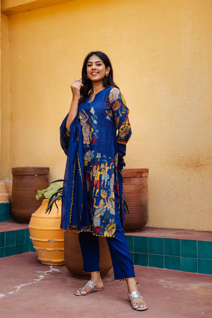 Kalamkari Cotton Kurta Set Blue with Floral Design with Coordinated Dupatta