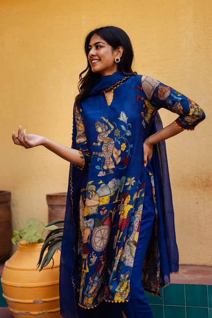 Kalamkari Cotton Kurta Set Blue with Floral Design with Coordinated Dupatta