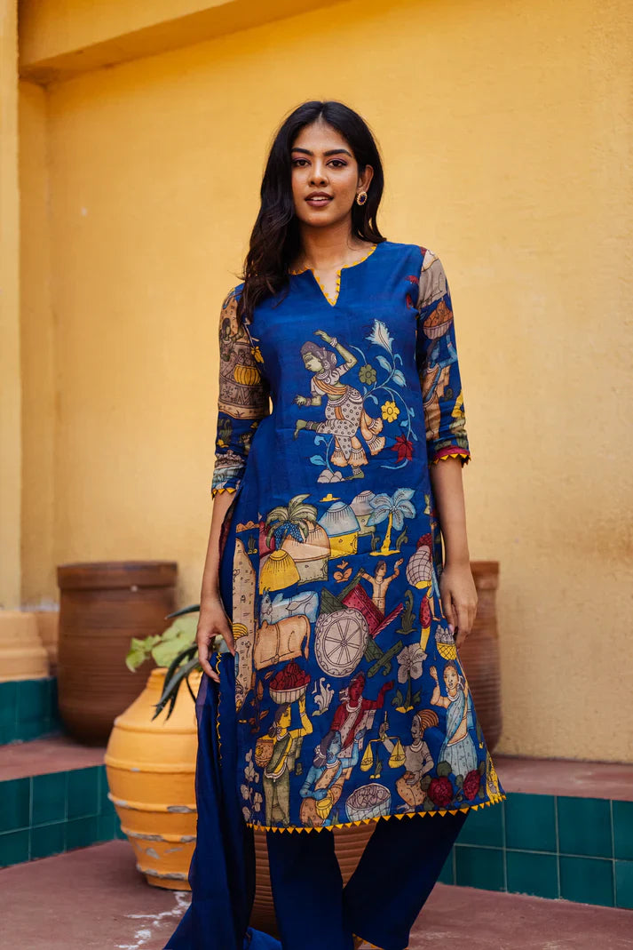 Kalamkari Cotton Kurta Set Blue with Floral Design with Coordinated Dupatta