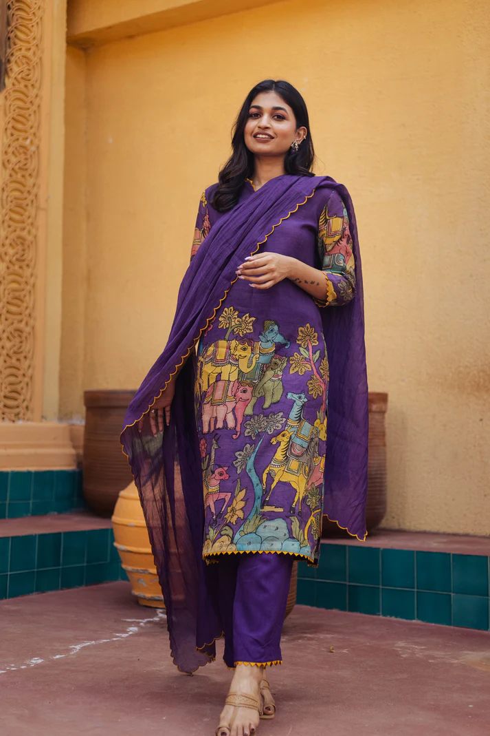 Traditional Purple Kurta Set with Royal Folk Art Print