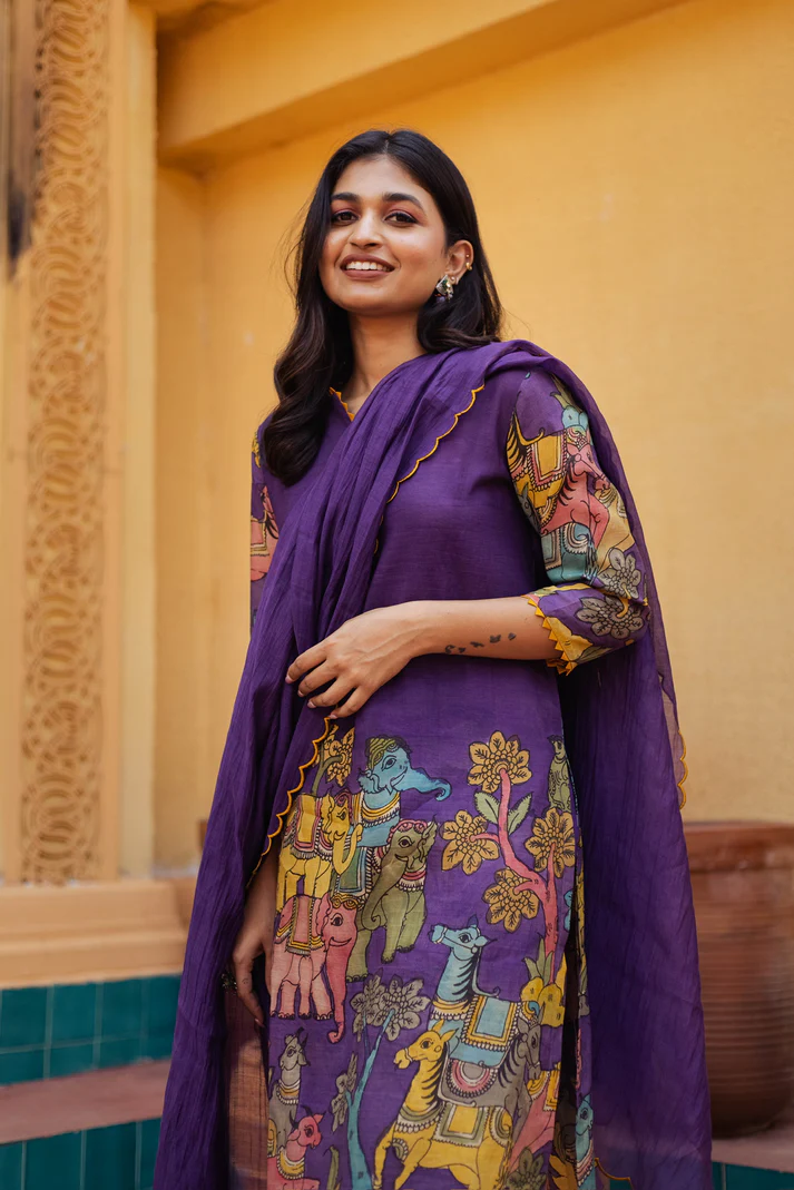Traditional Purple Kurta Set with Royal Folk Art Print