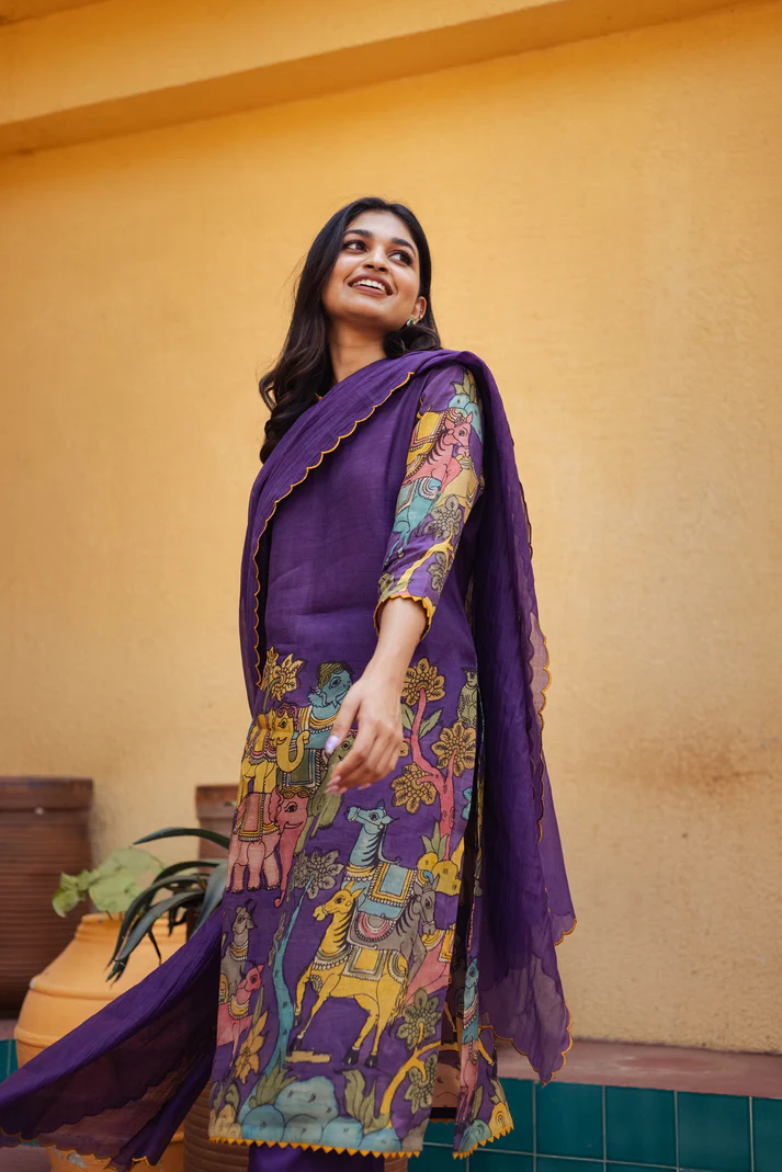 Traditional Purple Kurta Set with Royal Folk Art Print