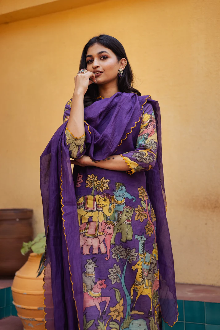 Traditional Purple Kurta Set with Royal Folk Art Print