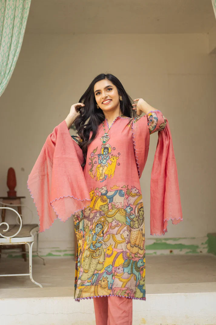 Kalamkari Cotton Kurta Set Pink with Floral Design with Coordinated Dupatta