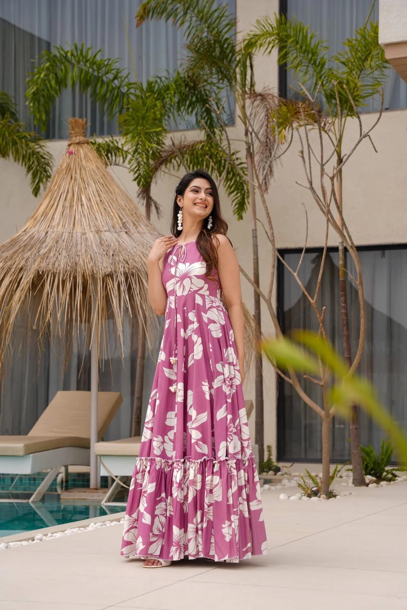Blush Orchid Pink Floral Tiered Maxi Dress