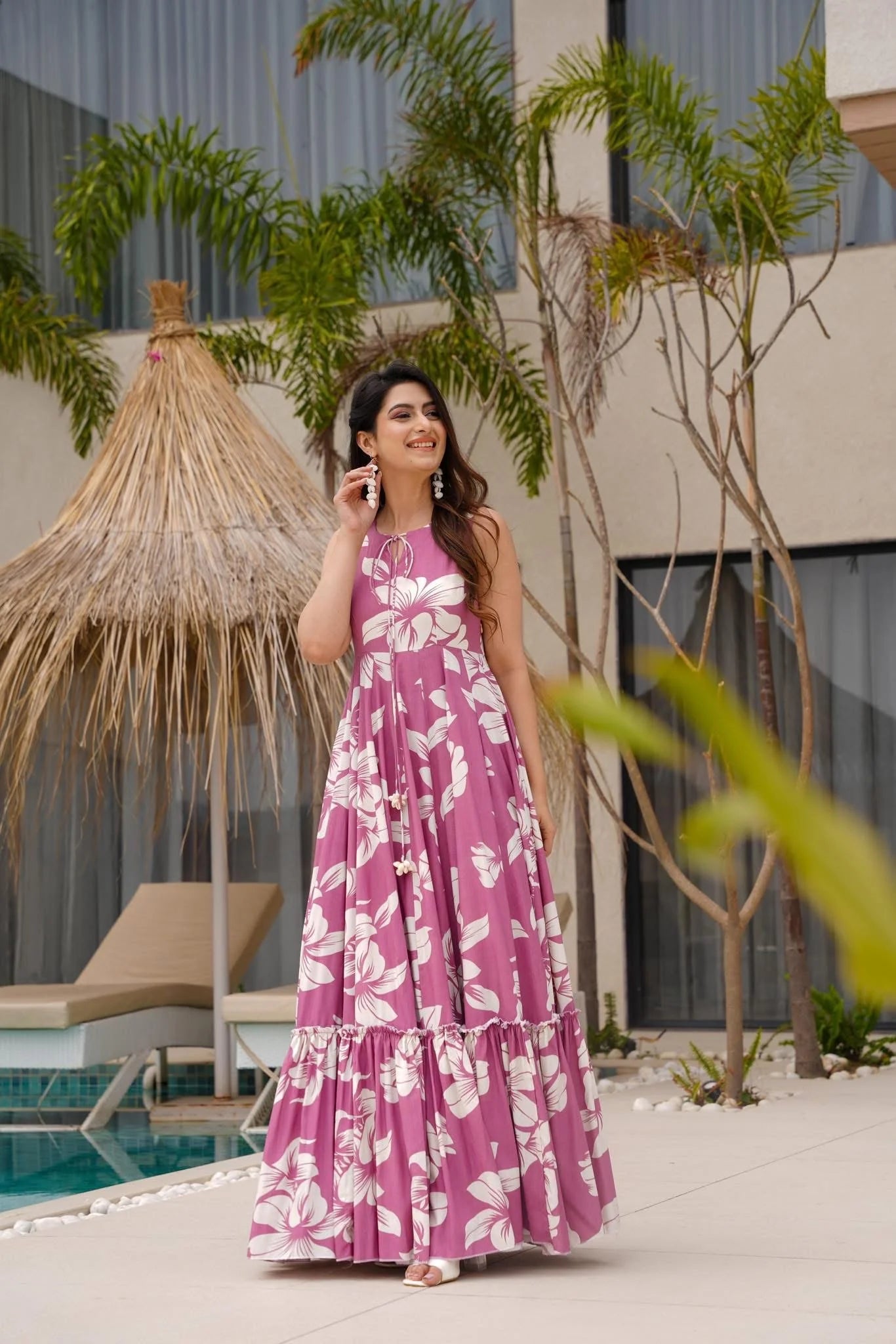 Blush Orchid Pink Floral Tiered Maxi Dress