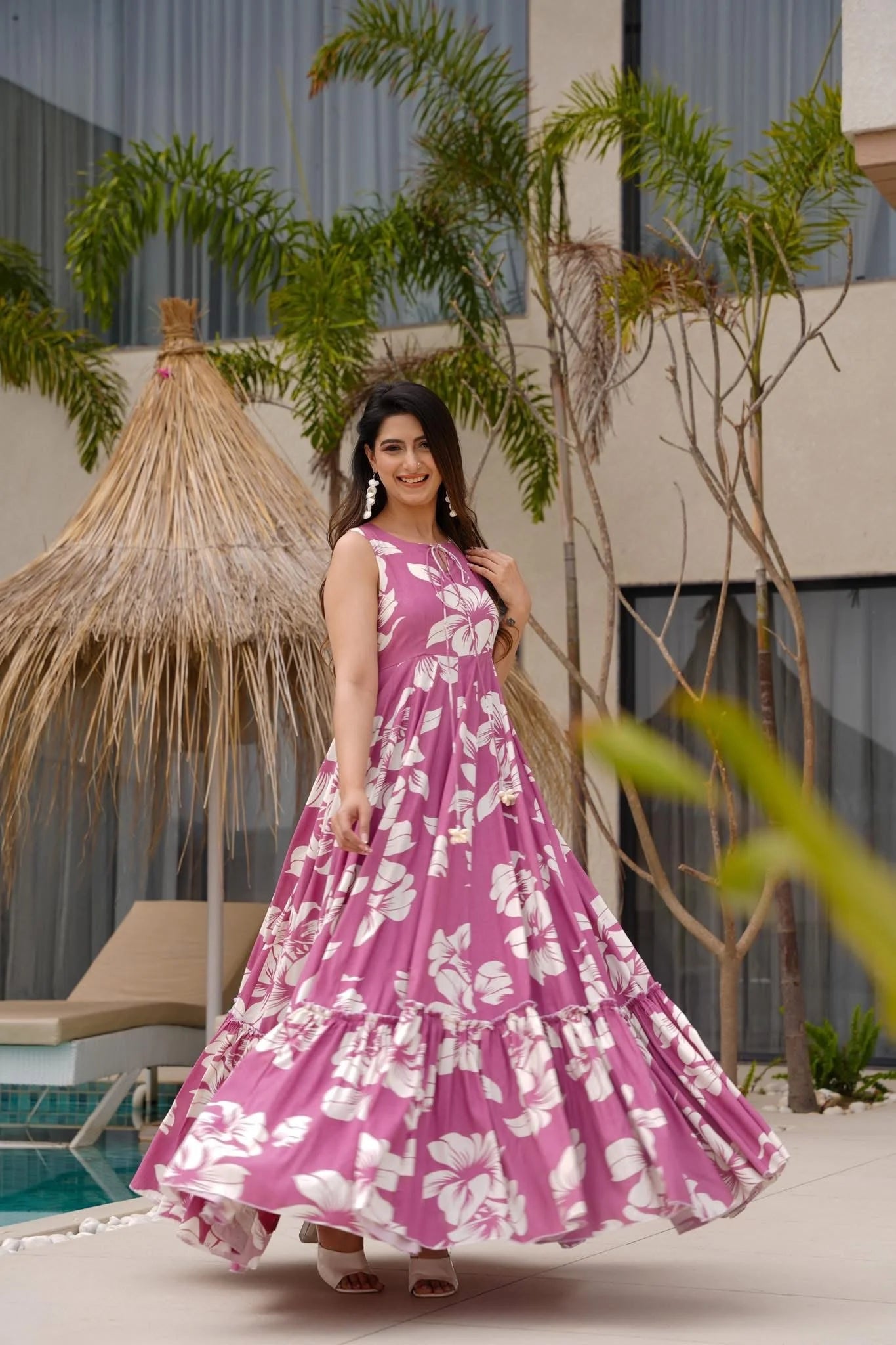 Blush Orchid Pink Floral Tiered Maxi Dress