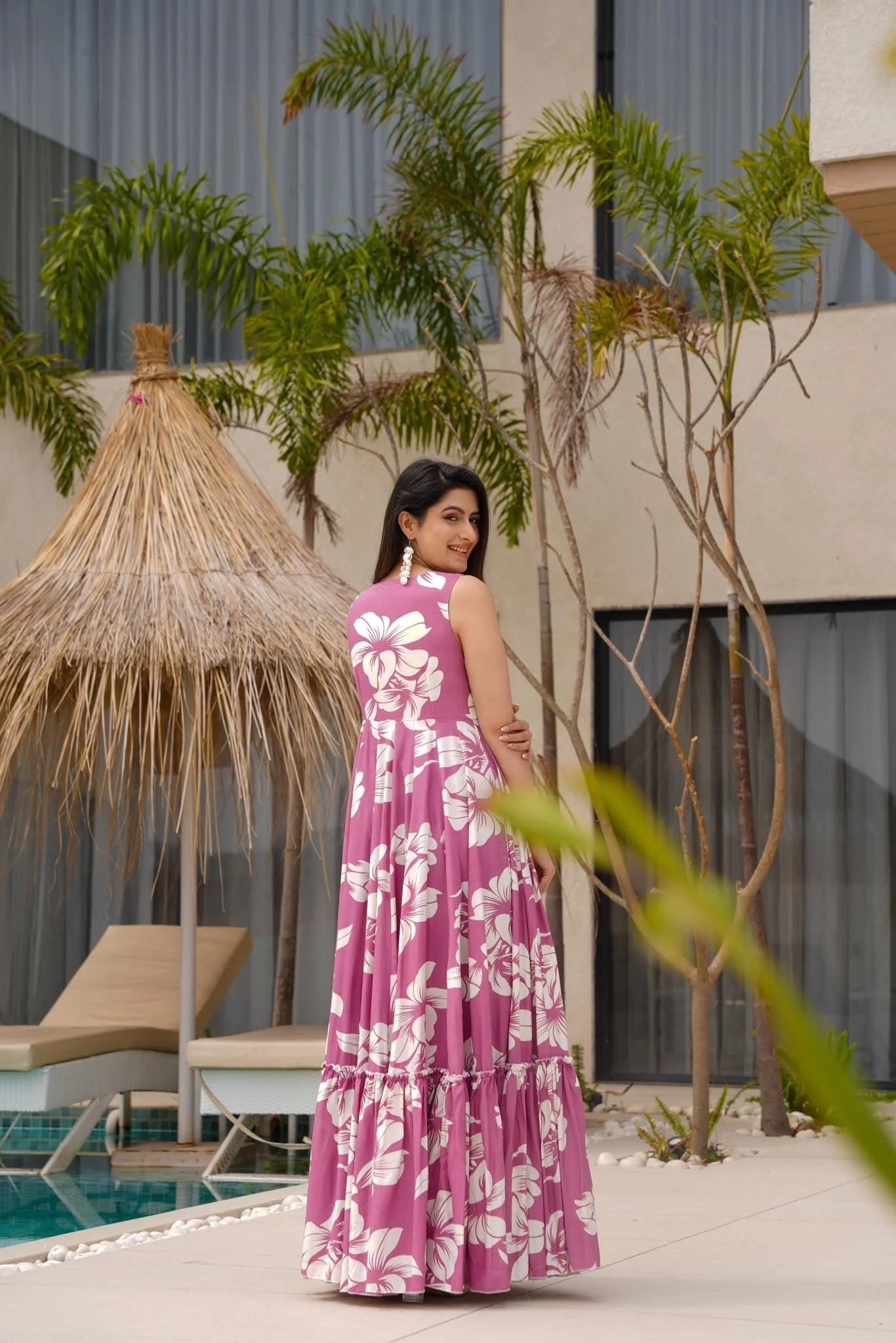 Blush Orchid Pink Floral Tiered Maxi Dress