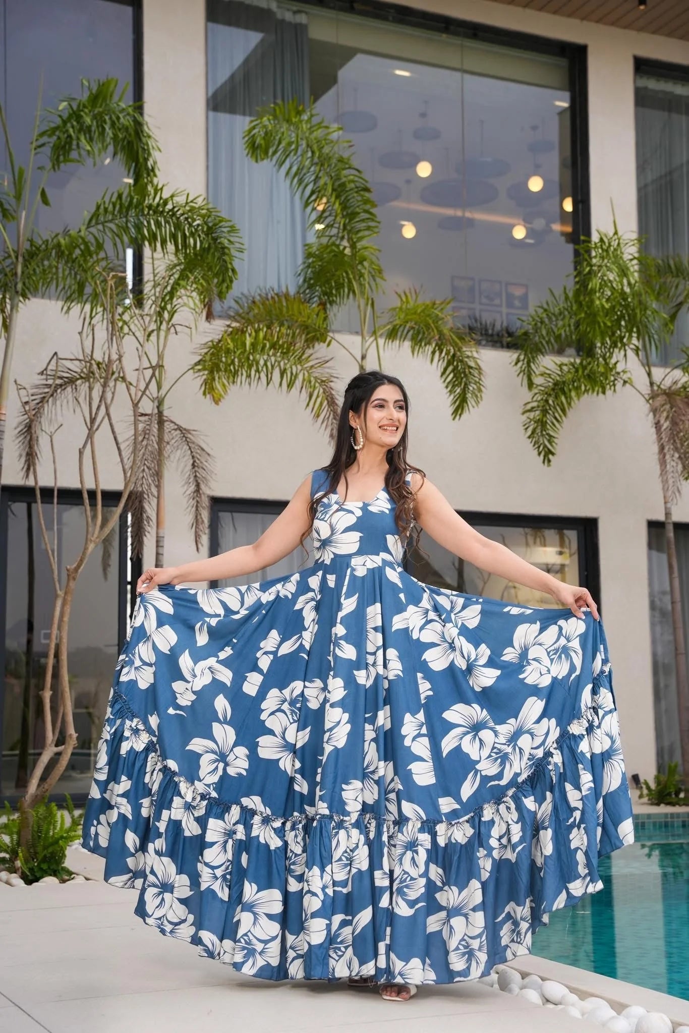 Ocean Breeze Blue Floral Tiered Maxi Dress