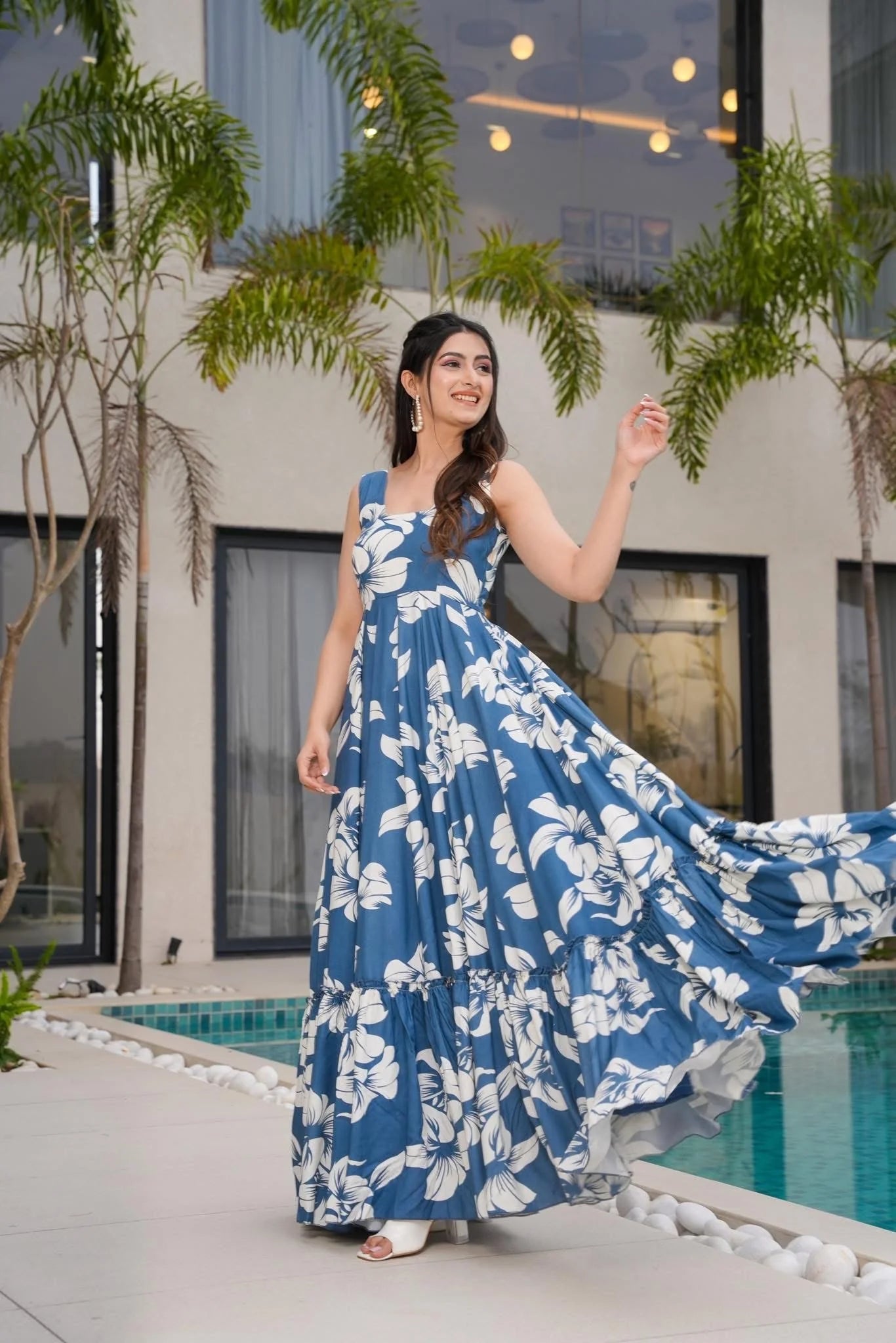 Ocean Breeze Blue Floral Tiered Maxi Dress