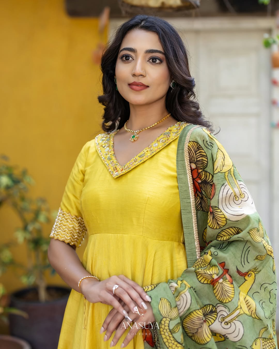 Mustard Yellow Anarkali with Hand-Painted Kalamkari Dupatta