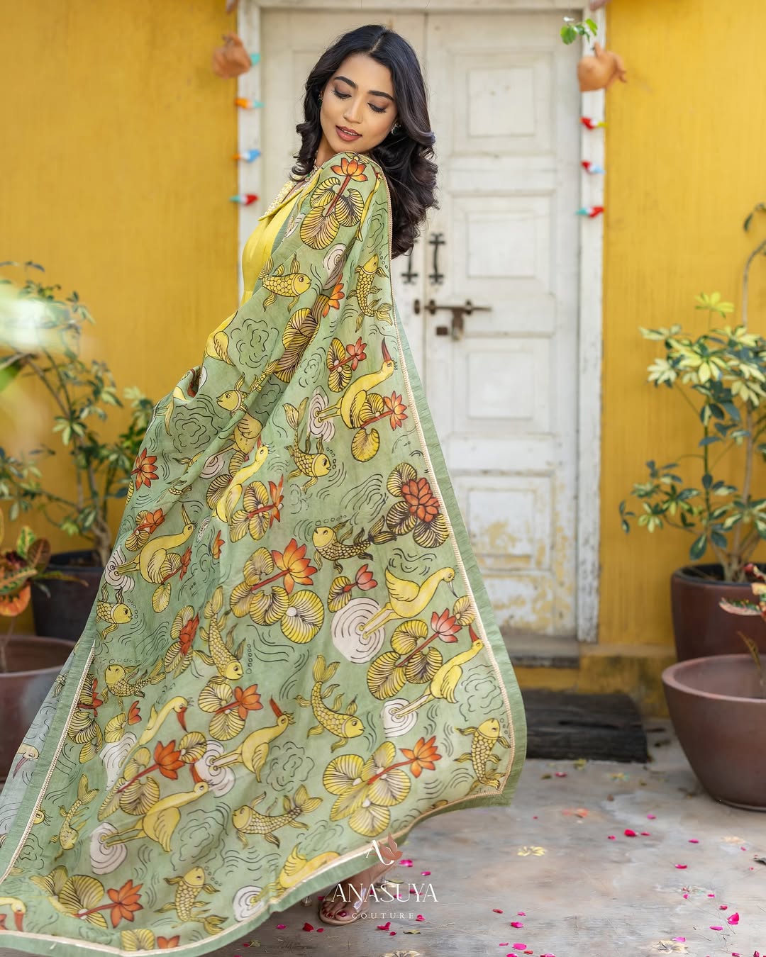 Mustard Yellow Anarkali with Hand-Painted Kalamkari Dupatta