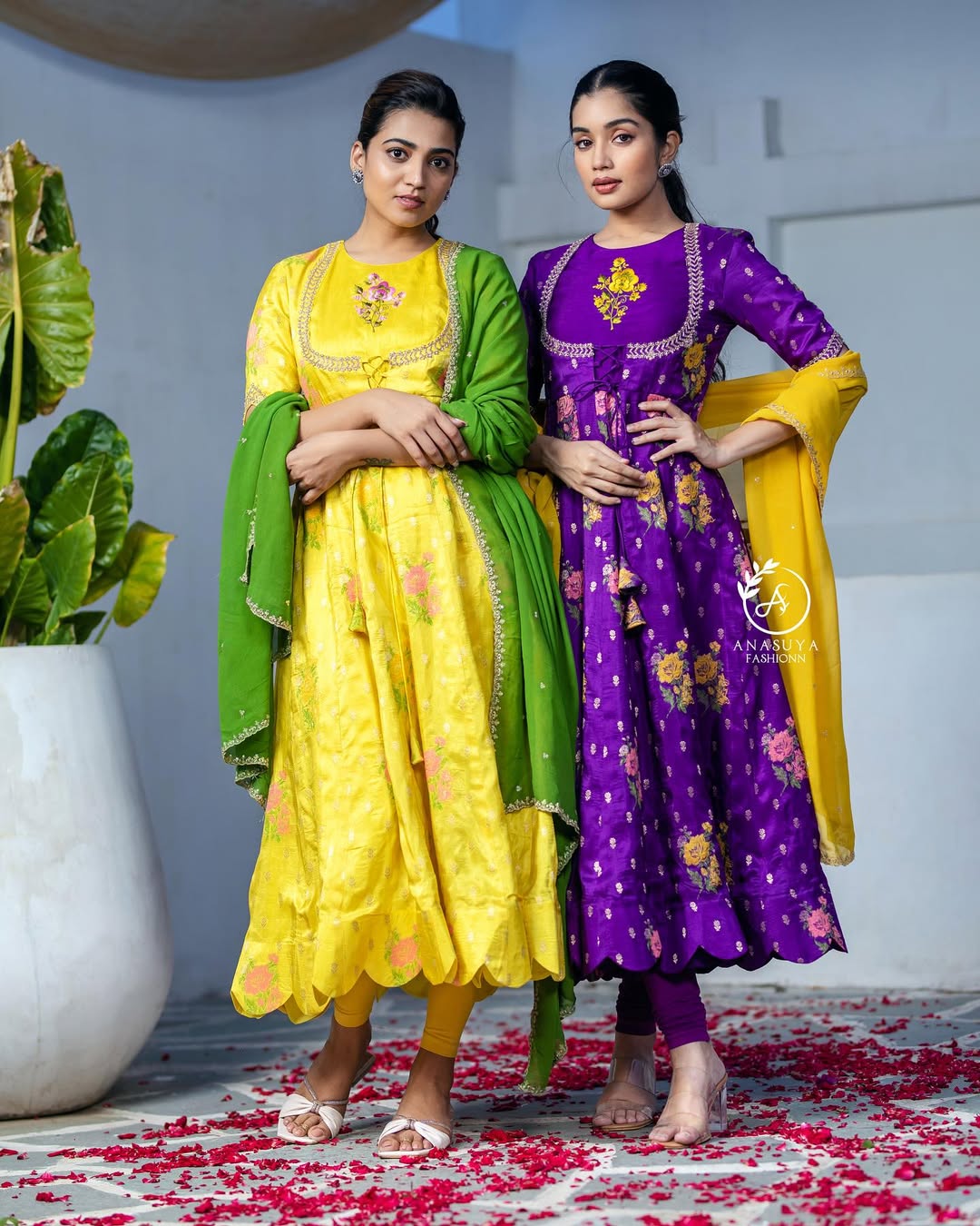 Yellow Floral Anarkali with Green Dupatta